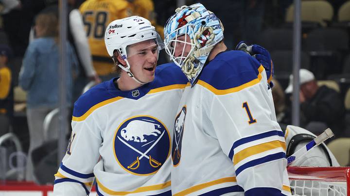Buffalo Sabres right wing Josh Doan (91) and goaltender Ukko-Pekka Luukkonen (1) celebrate after defeating the Pittsburgh Penguins at PPG Paints Arena. Mandatory Credit: Charles LeClaire-Imagn Images Buffalo Sabres right wing Josh Doan (91) and goaltender Ukko-Pekka Luukkonen (1) celebrate after defeating the Pittsburgh Penguins at PPG Paints Arena. Mandatory Credit: Charles LeClaire-Imagn Images