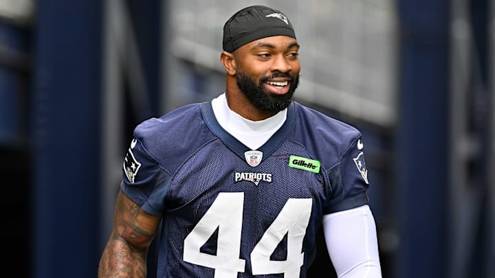 Jun 9, 2025; Foxborough, MA, USA; New England Patriots linebacker K'Lavon Chaisson (44) walks to the practice fields at Gillette Stadium. Mandatory Credit: Eric Canha-Imagn Images