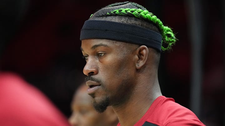 Jan 2, 2025; Miami, Florida, USA;  Miami Heat forward Jimmy Butler (22) warms-up before the game against the Indiana Pacers at Kaseya Center. Mandatory Credit: Jim Rassol-Imagn Images