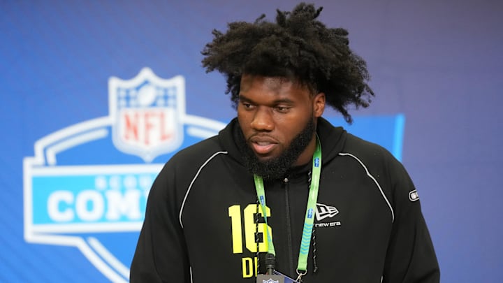 Feb 25, 2026; Indianapolis, IN, USA; Florida State defensive lineman Darrell Jackson (DL16) speaks during the NFL Scouting Combine at the Indiana Convention Center. Mandatory Credit: Kirby Lee-Imagn Images
