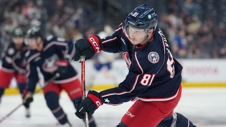 Stanislav Svozil warms up before a game at Nationwide Arena