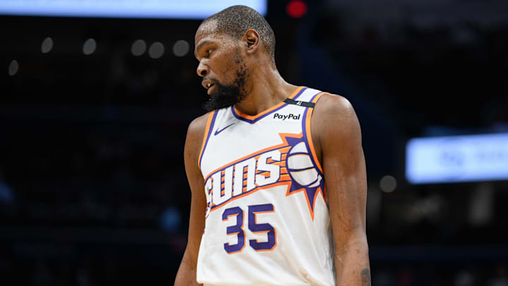 Jan 16, 2025; Washington, District of Columbia, USA; Phoenix Suns forward Kevin Durant (35) looks on during the second quarter against the Washington Wizards at Capital One Arena. Mandatory Credit: Reggie Hildred-Imagn Images