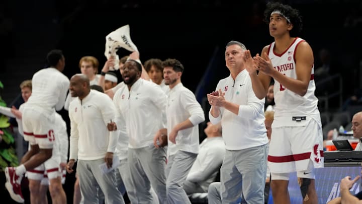 Mar 12, 2025; Charlotte, NC, USA; Stanford Cardinal head coach Kyle Smith reacts in the first half at Spectrum Center. Mandatory Credit: Bob Donnan-Imagn Images