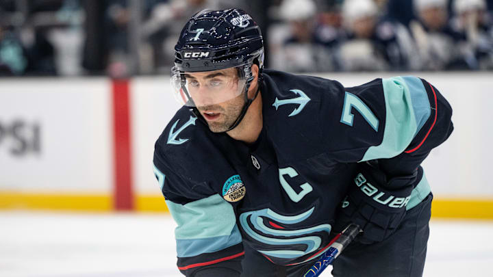 Oct 24, 2024; Seattle, Washington, USA; Seattle Kraken forward Jordan Eberle (7) is pictured against the Winnipeg Jets at Climate Pledge Arena. Mandatory Credit: Stephen Brashear-Imagn Images Oct 24, 2024; Seattle, Washington, USA; Seattle Kraken forward Jordan Eberle (7) is pictured against the Winnipeg Jets at Climate Pledge Arena. Mandatory Credit: Stephen Brashear-Imagn Images