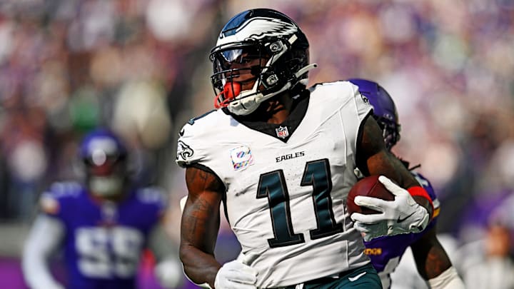 Oct 19, 2025; Minneapolis, Minnesota, USA; Philadelphia Eagles wide receiver A.J. Brown (11) makes a catch during the first half against the Minnesota Vikings at U.S. Bank Stadium. Mandatory Credit: Jeffrey Becker-Imagn Images