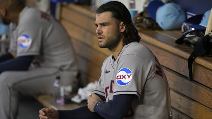 Jul 4, 2025; Los Angeles, California, USA; Houston Astros starting pitcher Lance McCullers Jr. (43) looks on from the dugout during the sixth inning against the Los Angeles Dodgers at Dodger Stadium. Mandatory Credit: Jayne Kamin-Oncea-Imagn Images