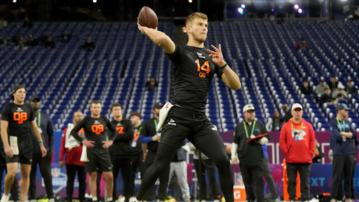 Mar 1, 2025; Indianapolis, IN, USA; Louisville quarterback Tyler Shough (QB14) during the 2025 NFL Combine at Lucas Oil Stadium. Mandatory Credit: Kirby Lee-Imagn Images Mar 1, 2025; Indianapolis, IN, USA; Louisville quarterback Tyler Shough (QB14) during the 2025 NFL Combine at Lucas Oil Stadium. Mandatory Credit: Kirby Lee-Imagn Images