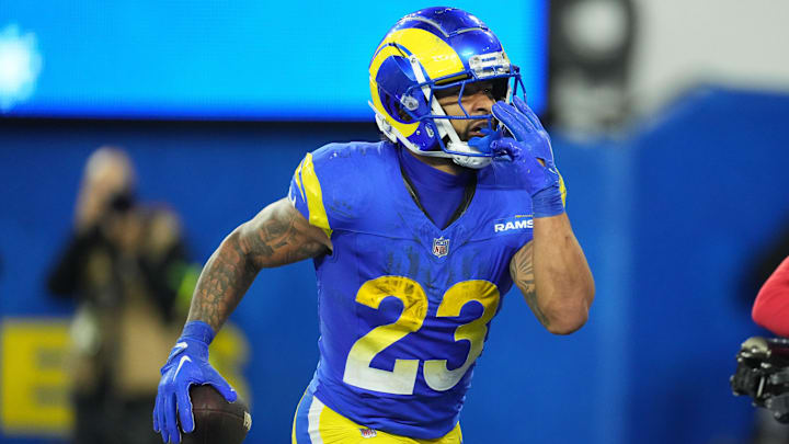 Dec 21, 2023; Inglewood, California, USA; Los Angeles Rams running back Kyren Williams (23) reacts