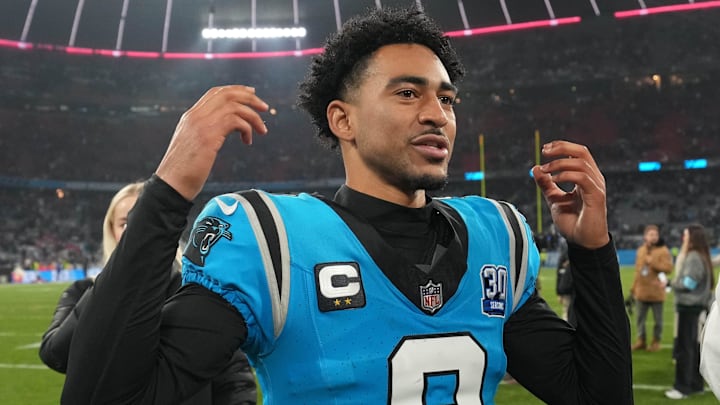 Nov 10, 2024; Munich, Germany; Carolina Panthers quarterback Bryce Young (9) reacts after the game against the New York Giants during the 2024 NFL Munich Game at Allianz Arena. Mandatory Credit: Kirby Lee-Imagn Images