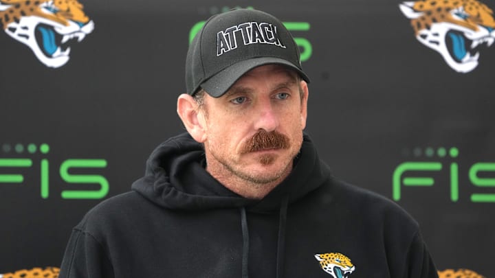 Oct 17, 2024; Watford, United Kingdom; Jacksonville Jaguars defensive coordinator Ryan Nielsen during press conference at The Grove. Mandatory Credit: Kirby Lee-Imagn Images