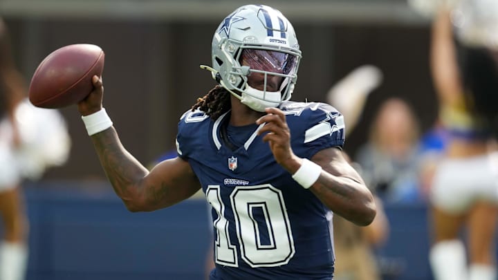 Dallas Cowboys quarterback Joe Milton III throws the ball against the Los Angeles Rams in the first half at SoFi Stadium. 