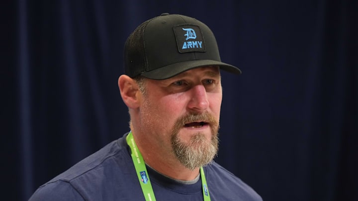 Detroit Lions coach Dan Campbell speaks during the NFL Scouting Combine.