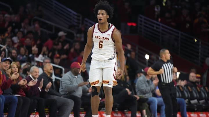 Jan 14, 2025; Los Angeles, California, USA; Southern California Trojans guard Wesley Yates III (6) celebrates after a three-point shot against the Iowa Hawkeyes in the first half at Galen Center. Mandatory Credit: Kirby Lee-Imagn Images Jan 14, 2025; Los Angeles, California, USA; Southern California Trojans guard Wesley Yates III (6) celebrates after a three-point shot against the Iowa Hawkeyes in the first half at Galen Center. Mandatory Credit: Kirby Lee-Imagn Images