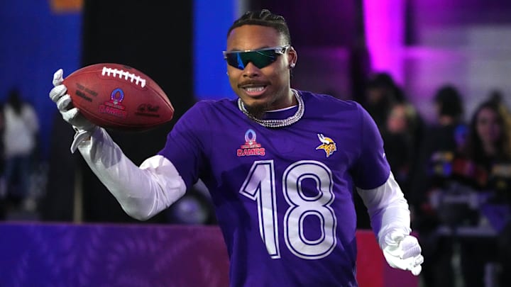 Jan 30, 2025; Orlando, FL, USA; NFC wide receiver Justin Jefferson of the Minnesota Vikings (18) catches the ball during the Satisfying Catch event at the Pro Bowl Skills Challenge at Nicholson Fieldhouse.