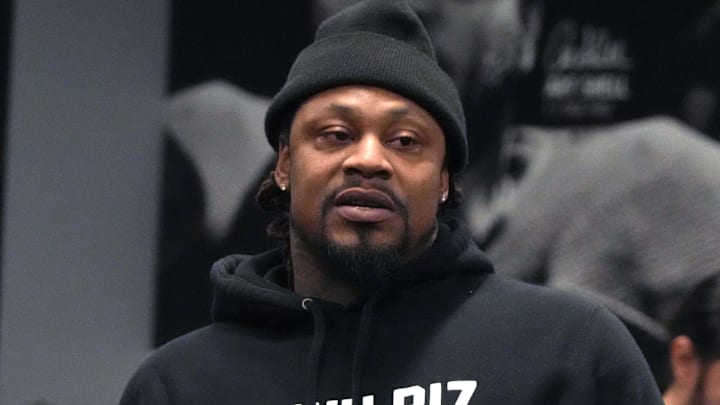Jan 27, 2025; Las Vegas, NV, USA; Marshawn Lynch at a press conference at Intermountain Health Performance Center. Jan 27, 2025; Las Vegas, NV, USA; Marshawn Lynch at a press conference at Intermountain Health Performance Center.