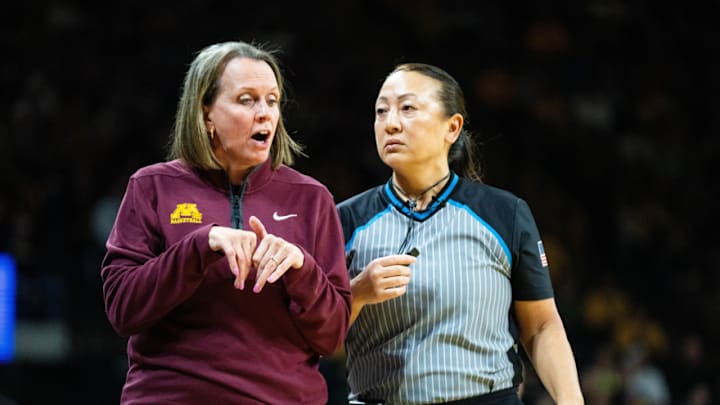 Minnesota head coach Dawn Plitzuweit talks with an official during a game against Iowa on Feb. 5, 2026, at Carver-Hawkeye Arena. Minnesota head coach Dawn Plitzuweit talks with an official during a game against Iowa on Feb. 5, 2026, at Carver-Hawkeye Arena.