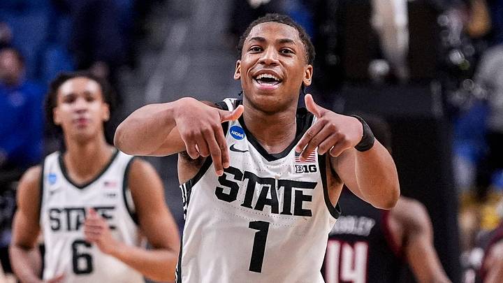 Michigan State guard Jeremy Fears Jr. celebrates the 77-69 win over Louisville in the NCAA Tournament second round at KeyBank Center in Buffalo on Saturday, March 21, 2026.