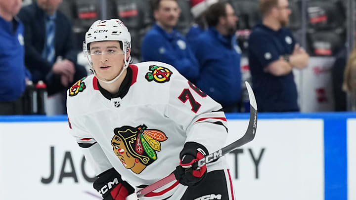 Dec 16, 2025; Toronto, Ontario, CAN; Chicago Blackhawks left wing Nick Lardis (76) skates during the warmup before a game against the Toronto Maple Leafs at Scotiabank Arena. Mandatory Credit: Nick Turchiaro-Imagn Images