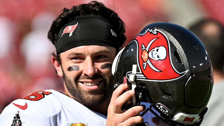 Oct 12, 2025; Tampa, Florida, USA; Tampa Bay Buccaneers quarterback Baker Mayfield (6) Mandatory Credit: Jonathan Dyer-Imagn Images