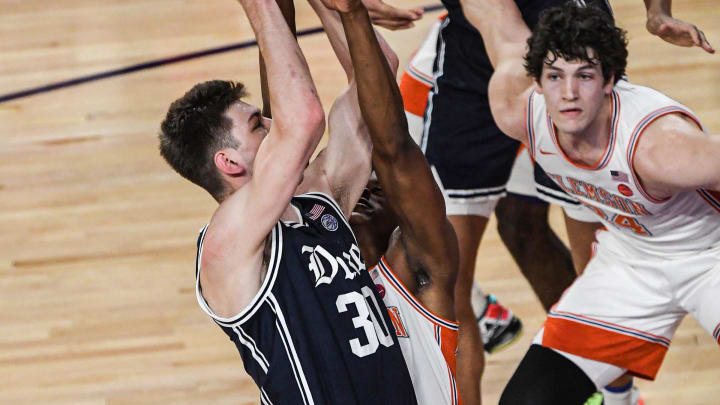 Jan 14, 2023; Clemson, South Carolina, USA; Duke guard Kyle Flipowski (30) shoots near Clemson sophomore forward PJ Hall (24) during the first half at Littlejohn Coliseum. Mandatory Credit: Ken Ruinard-USA TODAY Sports Jan 14, 2023; Clemson, South Carolina, USA; Duke guard Kyle Flipowski (30) shoots near Clemson sophomore forward PJ Hall (24) during the first half at Littlejohn Coliseum. Mandatory Credit: Ken Ruinard-USA TODAY Sports