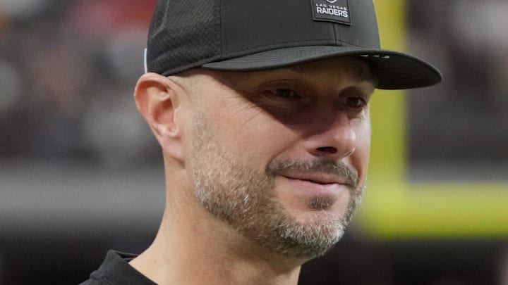 Jan 4, 2026; Paradise, Nevada, USA; Las Vegas Raiders general manager John Spytek reacts during the game against the Kansas City Chiefs at Allegiant Stadium. Mandatory Credit: Kirby Lee-Imagn Images