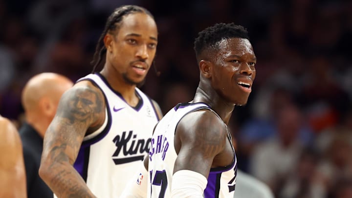 Oct 22, 2025; Phoenix, Arizona, USA; Sacramento Kings guard Dennis Schroder (17) with DeMar DeRozan (10) against the Phoenix Suns at the Mortgage Matchup Center. Mandatory Credit: Mark J. Rebilas-Imagn Images Oct 22, 2025; Phoenix, Arizona, USA; Sacramento Kings guard Dennis Schroder (17) with DeMar DeRozan (10) against the Phoenix Suns at the Mortgage Matchup Center. Mandatory Credit: Mark J. Rebilas-Imagn Images