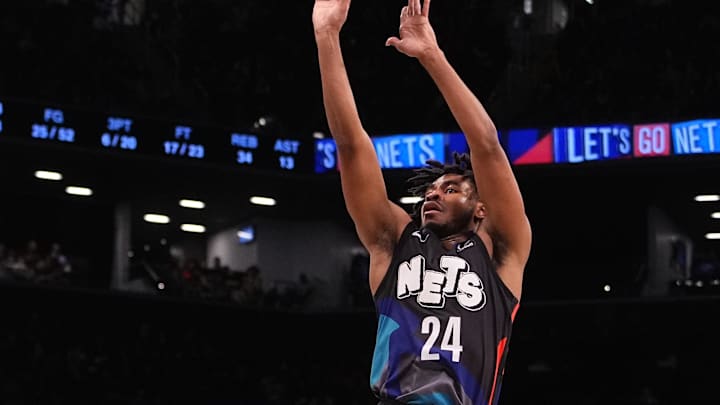 Apr 6, 2024; Brooklyn, New York, USA; Brooklyn Nets shooting guard Cam Thomas (24) shoots a three-point jump shot against the Detroit Pistons during the second half at Barclays Center. Mandatory Credit: Gregory Fisher-USA TODAY Sports Apr 6, 2024; Brooklyn, New York, USA; Brooklyn Nets shooting guard Cam Thomas (24) shoots a three-point jump shot against the Detroit Pistons during the second half at Barclays Center. Mandatory Credit: Gregory Fisher-USA TODAY Sports