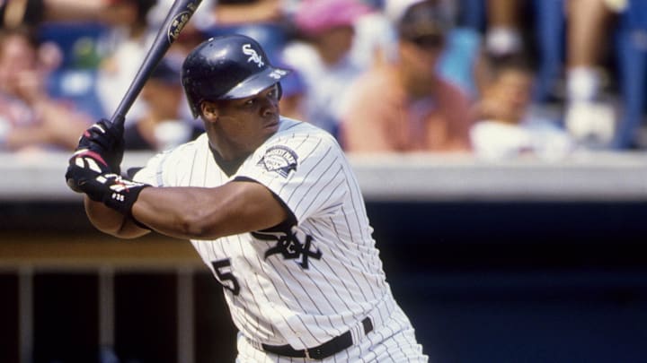 1995, Chicago, IL, USA; FILE PHOTO; Chicago White Sox first basemen Frank Thomas at the plate during the 1995 season at Comiskey Park.