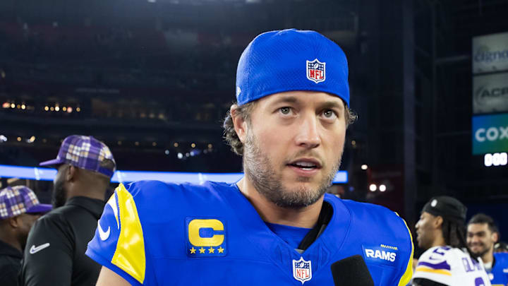 Jan 13, 2025; Glendale, AZ, USA; Los Angeles Rams quarterback Matthew Stafford (9) against the Minnesota Vikings during an NFC wild card game at State Farm Stadium. Mandatory Credit: Mark J. Rebilas-Imagn Images Jan 13, 2025; Glendale, AZ, USA; Los Angeles Rams quarterback Matthew Stafford (9) against the Minnesota Vikings during an NFC wild card game at State Farm Stadium. Mandatory Credit: Mark J. Rebilas-Imagn Images