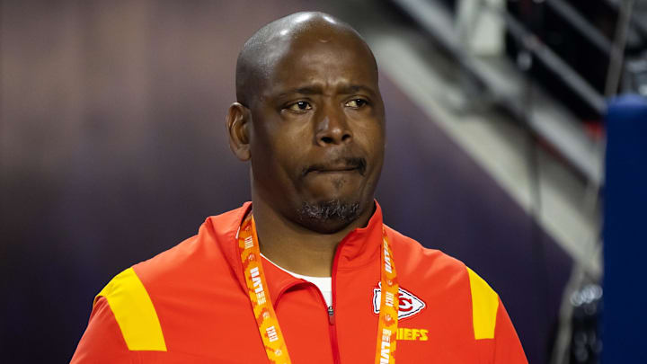 Feb 12, 2023; Glendale, Arizona, US; Kansas City Chiefs defensive backs coach Dave Merritt against the Philadelphia Eagles during Super Bowl LVII at State Farm Stadium. Mandatory Credit: Mark J. Rebilas-Imagn Images