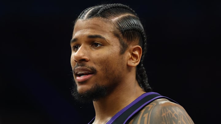 Mar 28, 2026; Phoenix, Arizona, USA; Phoenix Suns guard Jalen Green (4) against the Utah Jazz in the first half at Mortgage Matchup Center. Mandatory Credit: Mark J. Rebilas-Imagn Images