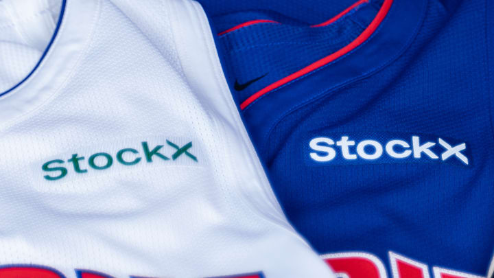 The Detroit Pistons jerseys with the StockX patch.
