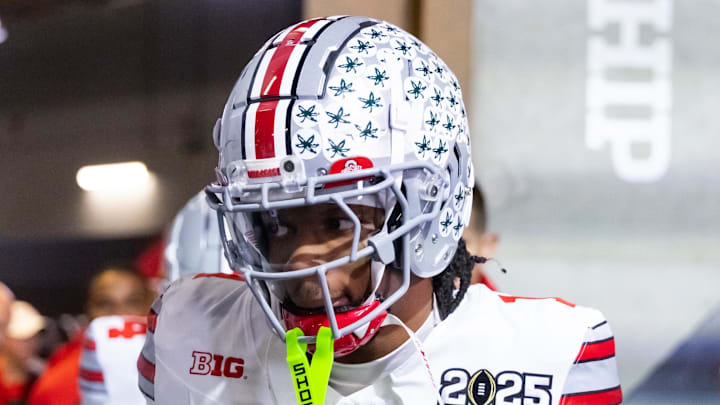 Jan 20, 2025; Atlanta, GA, USA; Ohio State Buckeyes cornerback Davison Igbinosun (1) against the Notre Dame Fighting Irish during the CFP National Championship college football game at Mercedes-Benz Stadium. Mandatory Credit: Mark J. Rebilas-Imagn Images