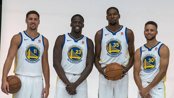 September 22, 2017; Oakland, CA, USA; Golden State Warriors guard Klay Thompson (11), forward Draymond Green (23), forward Kevin Durant (35), and guard Stephen Curry (30) during media day at Rakuten Performance Center. Mandatory Credit: Kyle Terada-USA TODAY Sports September 22, 2017; Oakland, CA, USA; Golden State Warriors guard Klay Thompson (11), forward Draymond Green (23), forward Kevin Durant (35), and guard Stephen Curry (30) during media day at Rakuten Performance Center. Mandatory Credit: Kyle Terada-USA TODAY Sports