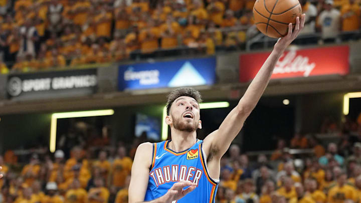 Jun 19, 2025; Indianapolis, Indiana, USA; Oklahoma City Thunder forward Chet Holmgren (7) shoots the ball against the Indiana Pacers during the first half of game six of the 2025 NBA Finals between the Oklahoma City Thunder and the Indiana Pacers at Gainbridge Fieldhouse. Mandatory Credit: Kyle Terada-Imagn Images
