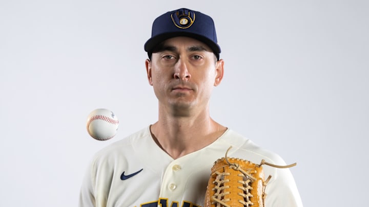 Feb 20, 2026; Phoenix, AZ, USA; Milwaukee Brewers pitcher Jacob Waguespack poses for a portrait during photo day at American Family Fields of Phoenix. Mandatory Credit: Mark J. Rebilas-Imagn Images