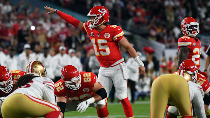 Kansas City Chiefs quarterback Patrick Mahomes (15) against the San Francisco 49ers in Super Bowl LIV