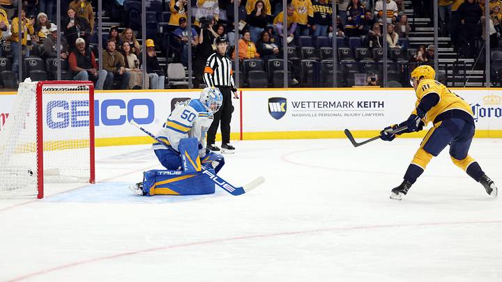 Oct 17, 2026; Nashville, Tennessee, USA; Nashville Predators center Jonathan Marchessault (81) scores off a penalty shot against St. Louis Blues goaltender Jordan Binnington (50) during the first period at Bridgestone Arena. Mandatory Credit: Alan Poizner-Imagn Images Oct 17, 2026; Nashville, Tennessee, USA; Nashville Predators center Jonathan Marchessault (81) scores off a penalty shot against St. Louis Blues goaltender Jordan Binnington (50) during the first period at Bridgestone Arena. Mandatory Credit: Alan Poizner-Imagn Images