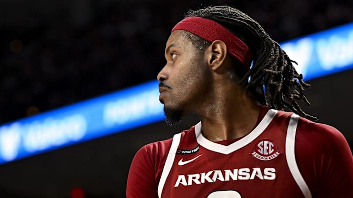 Feb 15, 2025; College Station, Texas, USA; Arkansas Razorbacks forward Jonas Aidoo (9) looks on during the second half against the Texas A&M Aggies at Reed Arena. Mandatory Credit: Maria Lysaker-Imagn Images 