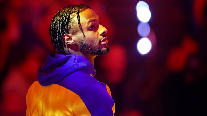 Los Angeles Lakers guard Bronny James (9) looks on before the game against the Phoenix Suns at Footprint Center. Mandatory Credit: Mark J. Rebilas-Imagn Images