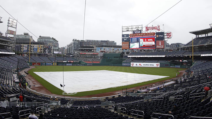 Aug 7, 2024; Washington, District of Columbia, USA; A view of the stadium during a rain delay during the eighth inning in the game between the San Francisco Giants and Washington Nationals at Nationals Park. Mandatory Credit: Geoff Burke-Imagn Images
