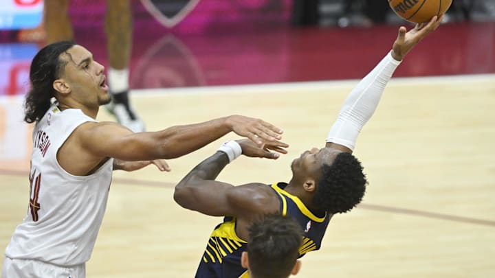 Oct 10, 2024; Cleveland, Ohio, USA; Cleveland Cavaliers forward Jaylon Tyson (24) defends Indiana Pacers guard Bennedict Mathurin (00) in the third quarter at Rocket Mortgage FieldHouse. Mandatory Credit: David Richard-Imagn Images