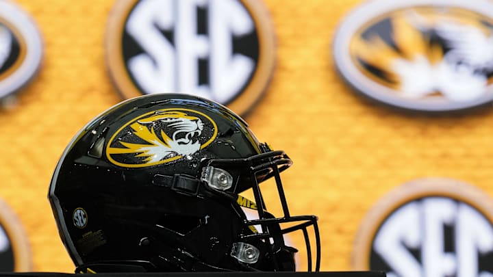 Jul 18, 2022; Atlanta, GA, USA; Missouri Tigers helmet shown on the stage during SEC Media Days at the College Football Hall of Fame. Mandatory Credit: Dale Zanine-Imagn Images Jul 18, 2022; Atlanta, GA, USA; Missouri Tigers helmet shown on the stage during SEC Media Days at the College Football Hall of Fame. Mandatory Credit: Dale Zanine-Imagn Images