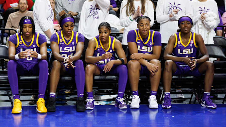 Jan 19, 2025; Gainesville, Florida, USA; LSU Tigers forward Sa'Myah Smith (5), LSU Tigers guard Aneesah Morrow (24), LSU Tigers guard Shayeann Day-Wilson (50), LSU Tigers guard Mikaylah Williams (12) and LSU Tigers guard Flau'Jae Johnson (4) wait to be introduced before a game against the Florida Gators at Exactech Arena at the Stephen C. O'Connell Center. Mandatory Credit: Matt Pendleton-Imagn Images