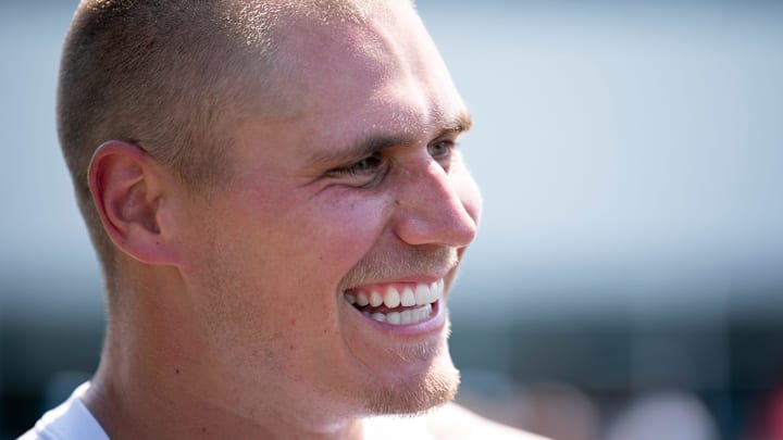 Cody Barton addresses the media after the Tennessee Titans second day of training camp.