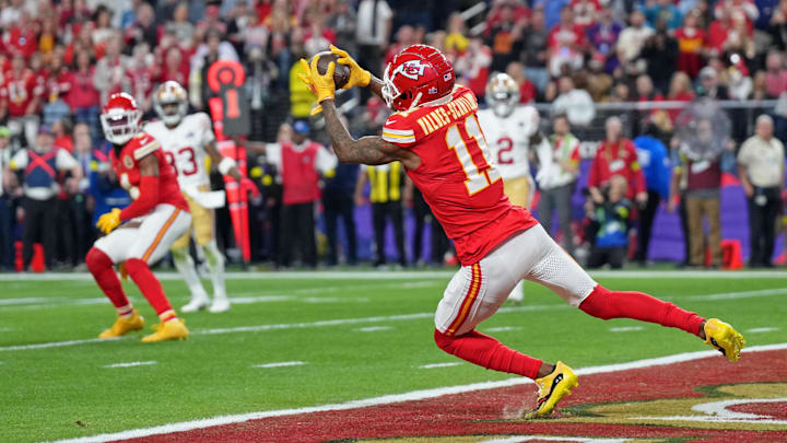 Kansas City Chiefs receiver Marquez Valdes-Scantling (11) catches a touchdown against the San Francisco 49ers during Super Bowl LVIII Kansas City Chiefs receiver Marquez Valdes-Scantling (11) catches a touchdown against the San Francisco 49ers during Super Bowl LVIII