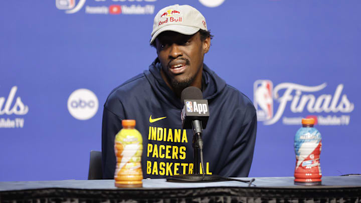 Jun 4, 2025; Oklahoma City, OK, USA; Indiana Pacers forward Pascal Siakam (43) during NBA Finals Media Day at Paycom Center. Mandatory Credit: Alonzo Adams-Imagn Images