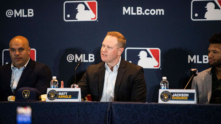 Senior Vice President and General Manager Matt Arnold talks about Jackson Chourio a press conference at the 2023 Baseball Winter Meetings at the Gaylord Opryland Resort & Convention Center in Nashville, Tenn., Monday, Dec. 4, 2023.