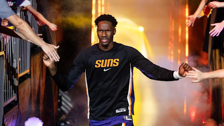 Oct 22, 2025; Phoenix, Arizona, USA; Phoenix Suns forward Nigel Hayes-Davis (21) against the Sacramento Kings at the Mortgage Matchup Center. Mandatory Credit: Mark J. Rebilas-Imagn Images