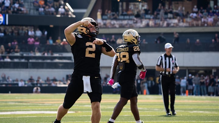 Vanderbilt quarterback Diego Pavia (2) celebrates during the game between Vanderbilt University and Louisiana State University at FirstBank Stadium in Nashville, Tenn., Saturday, Oct. 18, 2025.